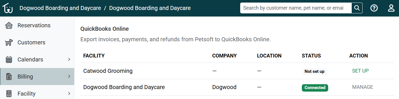 Multiple facilities connected to QuickBooks Online