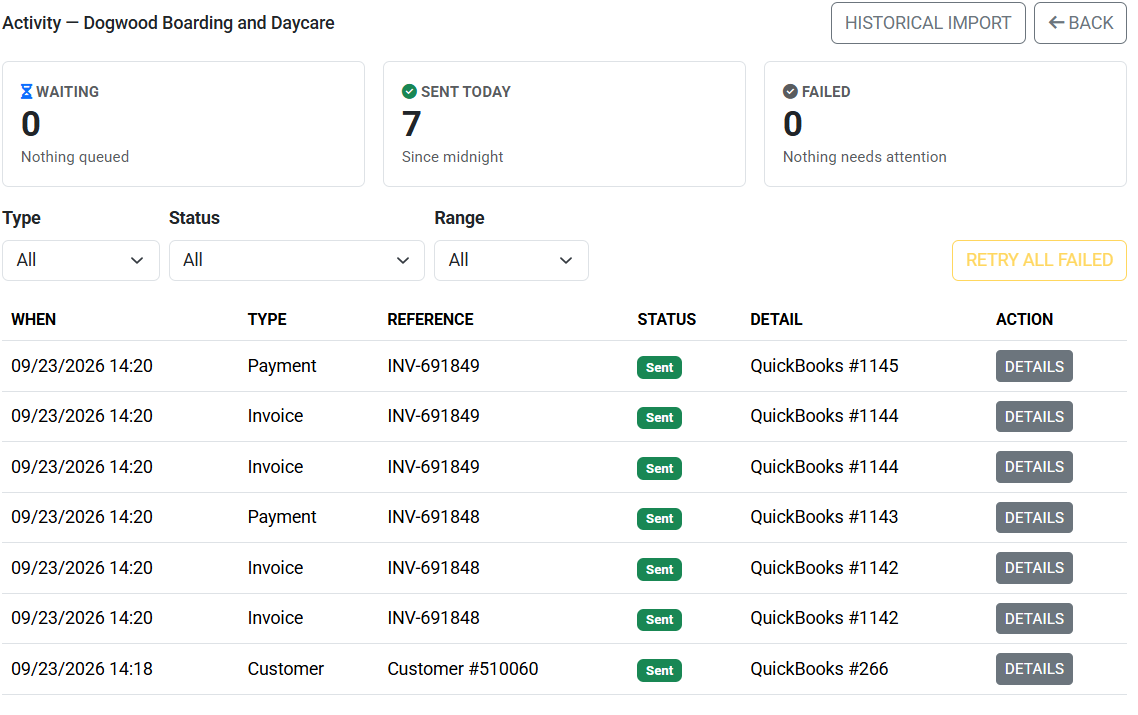 Sync activity showing successful and pending QuickBooks Online exports