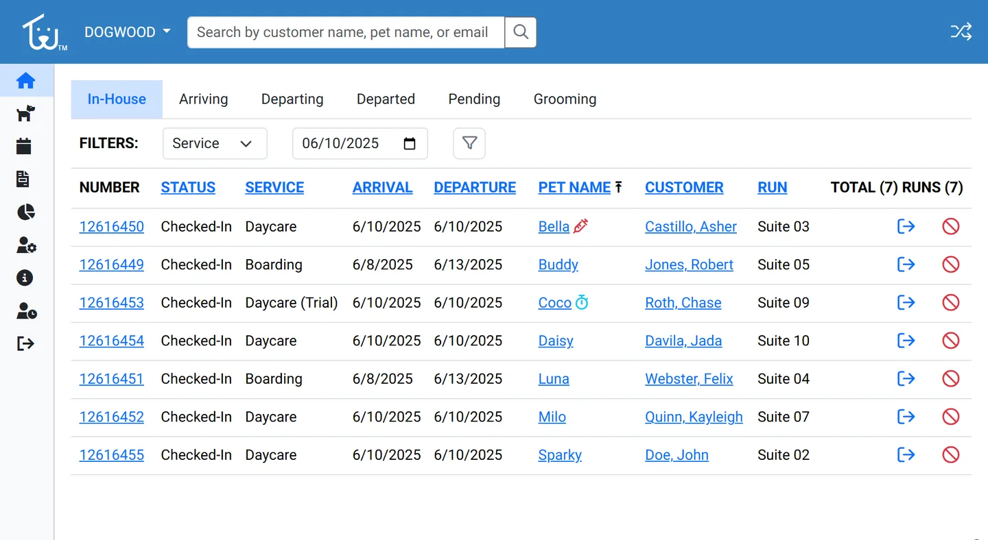 Reservation management showing run and kennel assignment